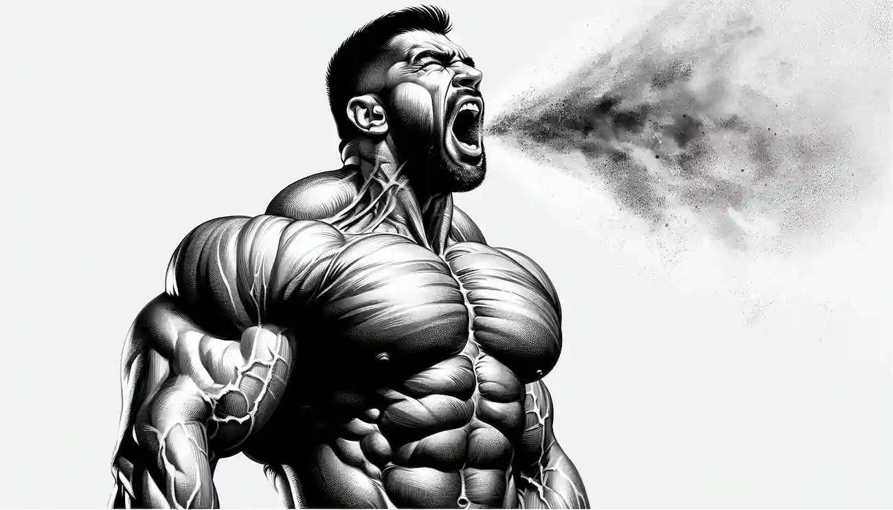 bodybuilder coughing violently, digital illustration, tren cough