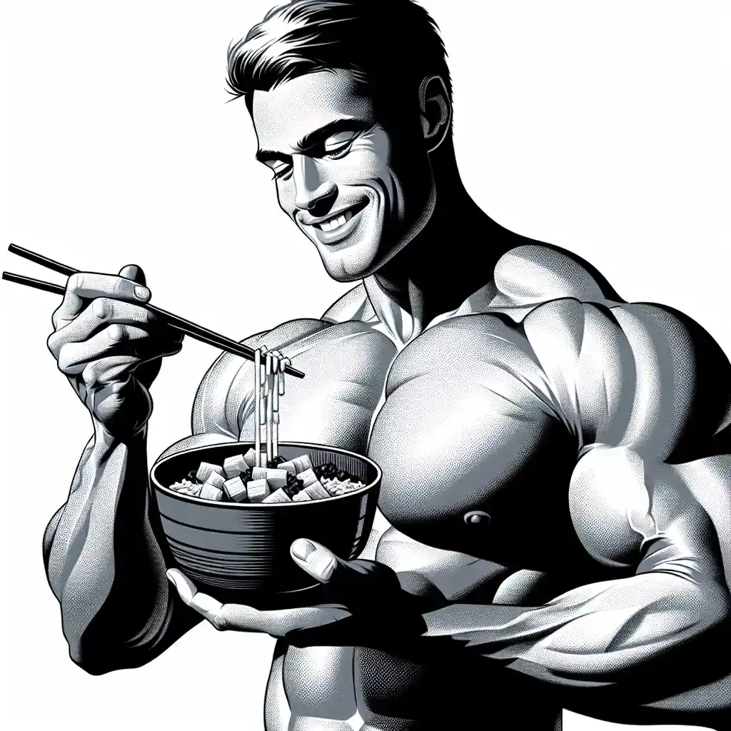 bodybuilder holding a bowl of traditional japanese natte, thinking about nattokinase, digital illustration