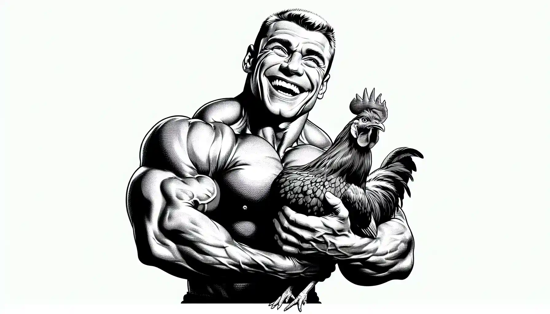 bodybuilder holding a chicken and smiling, digital illustration