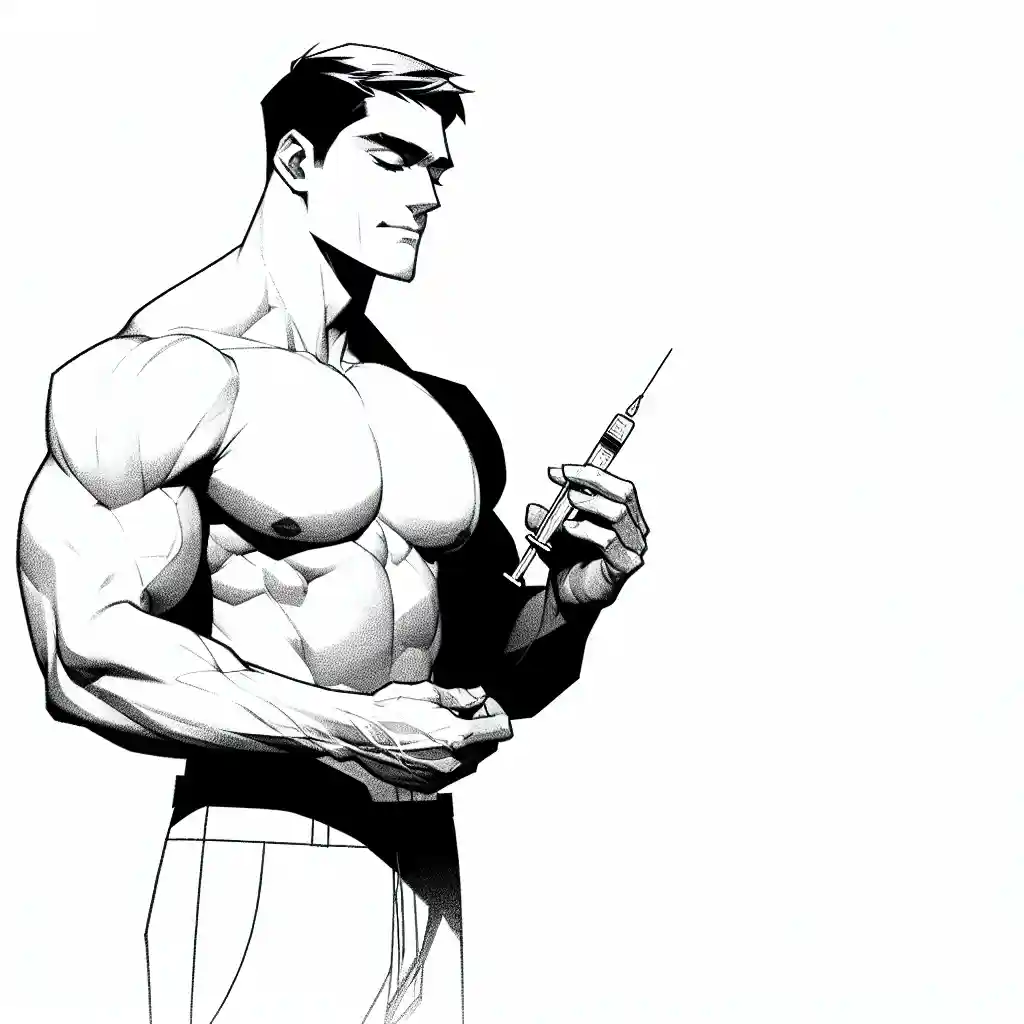 bodybuilder holding a syringe with an expression of relief on hsi face, in the syringe he has loaded up the peptide ARA-290, digital illustration