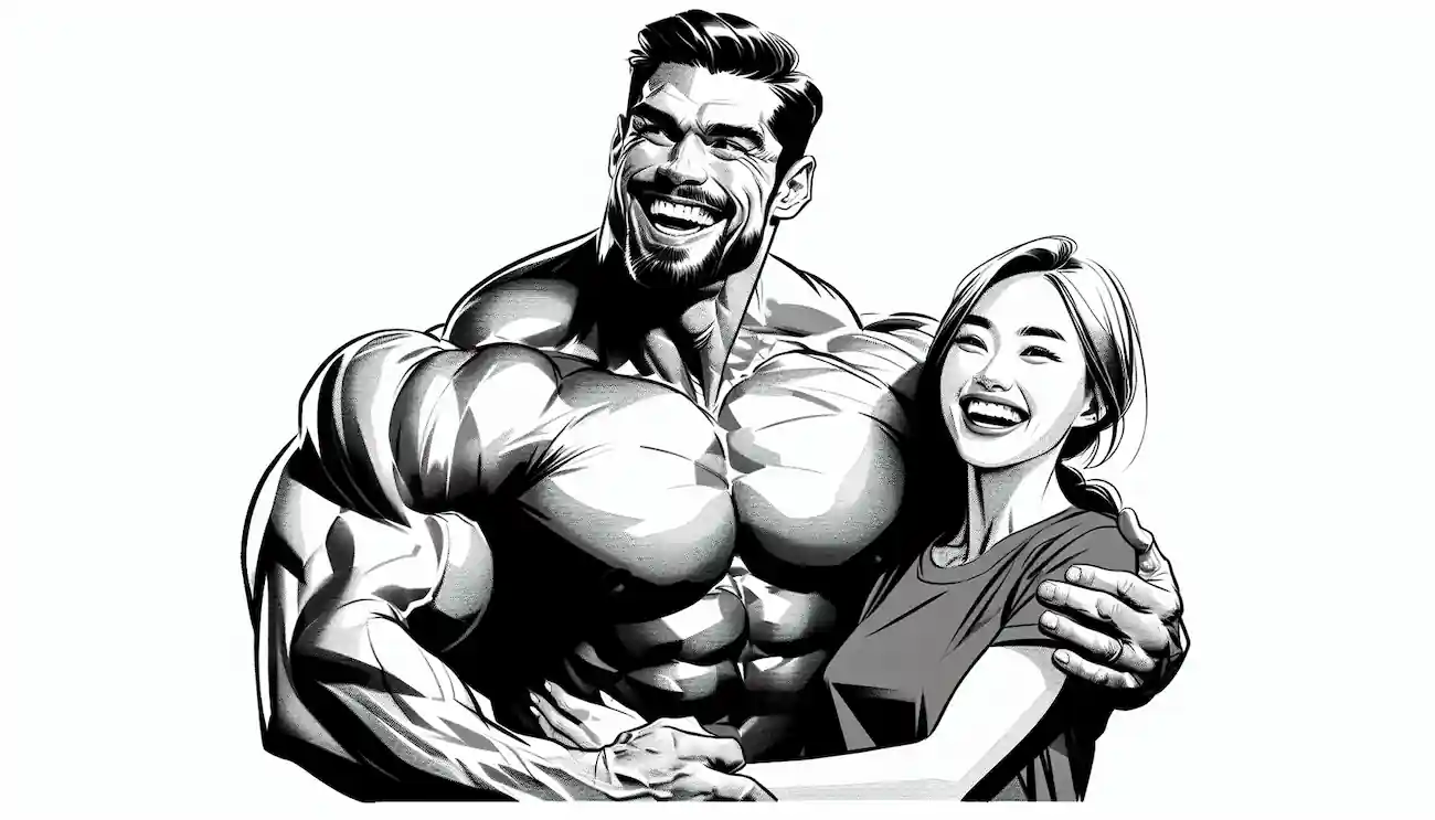 muscular malce character holding his girlfriend in his arms, digital illustration