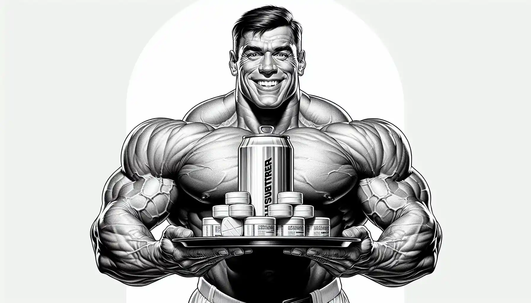 a muscular bodybuilder male character, he is extremely lean and shredded and he has a big smile, he is holding in his hand a platter with a while monster energy drink can and a bunch of tablets (the ECA stack), white background, monochrome, digital illustration style