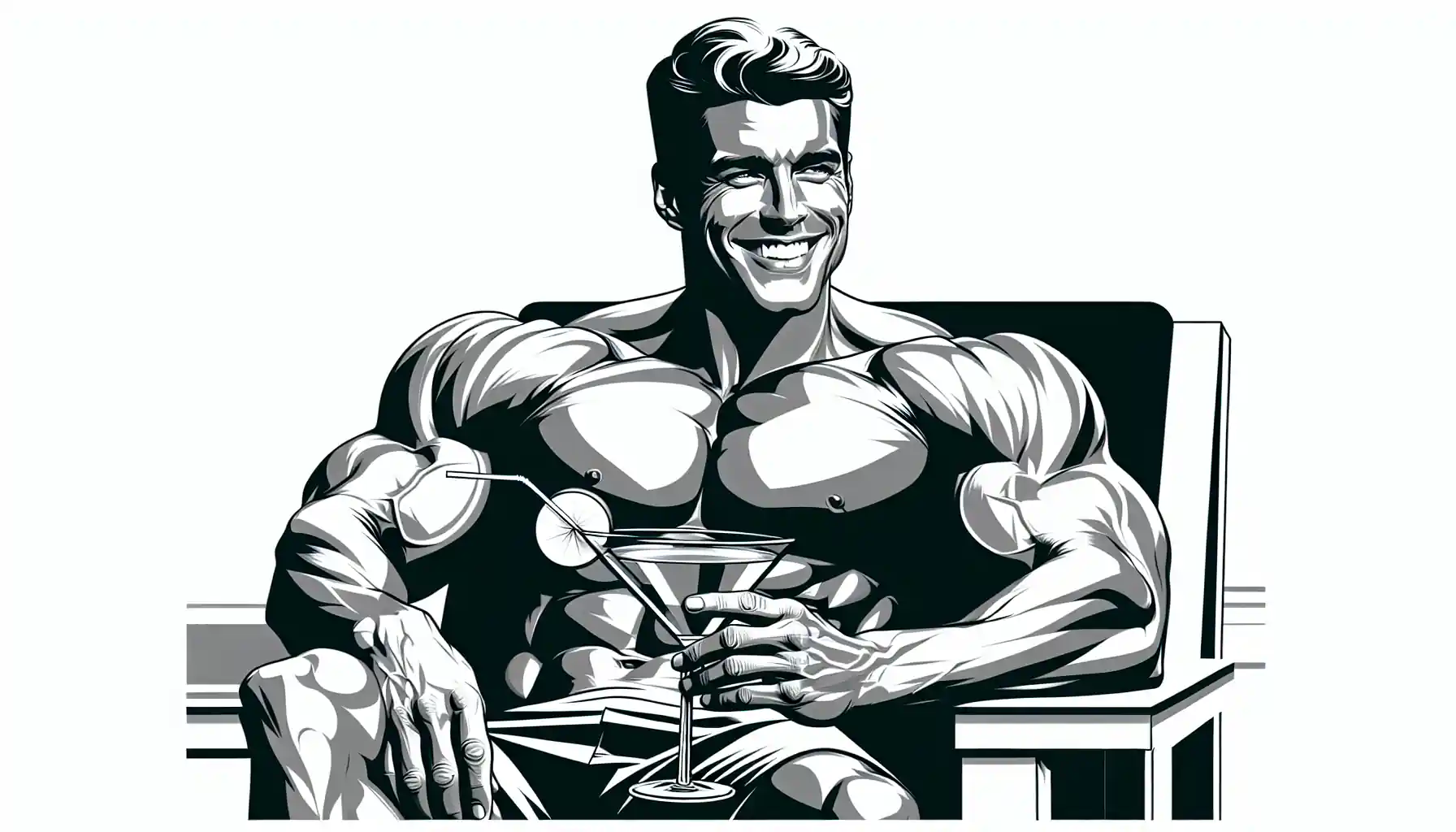 a digital illustration of a bodybuilder sipping on a martini after he learned how to use hte MOTs-C peptide